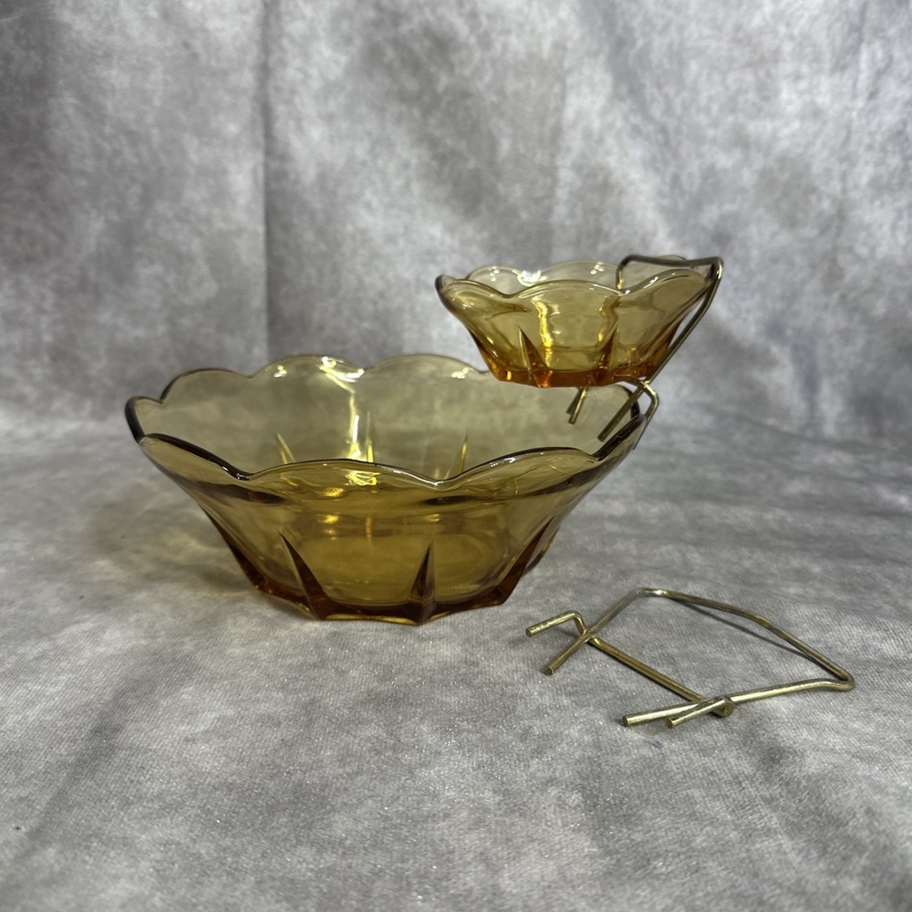 vtg Anchor Hocking Amber Glass Chip & Dip Bowl Serving metal hook MCM DECOR